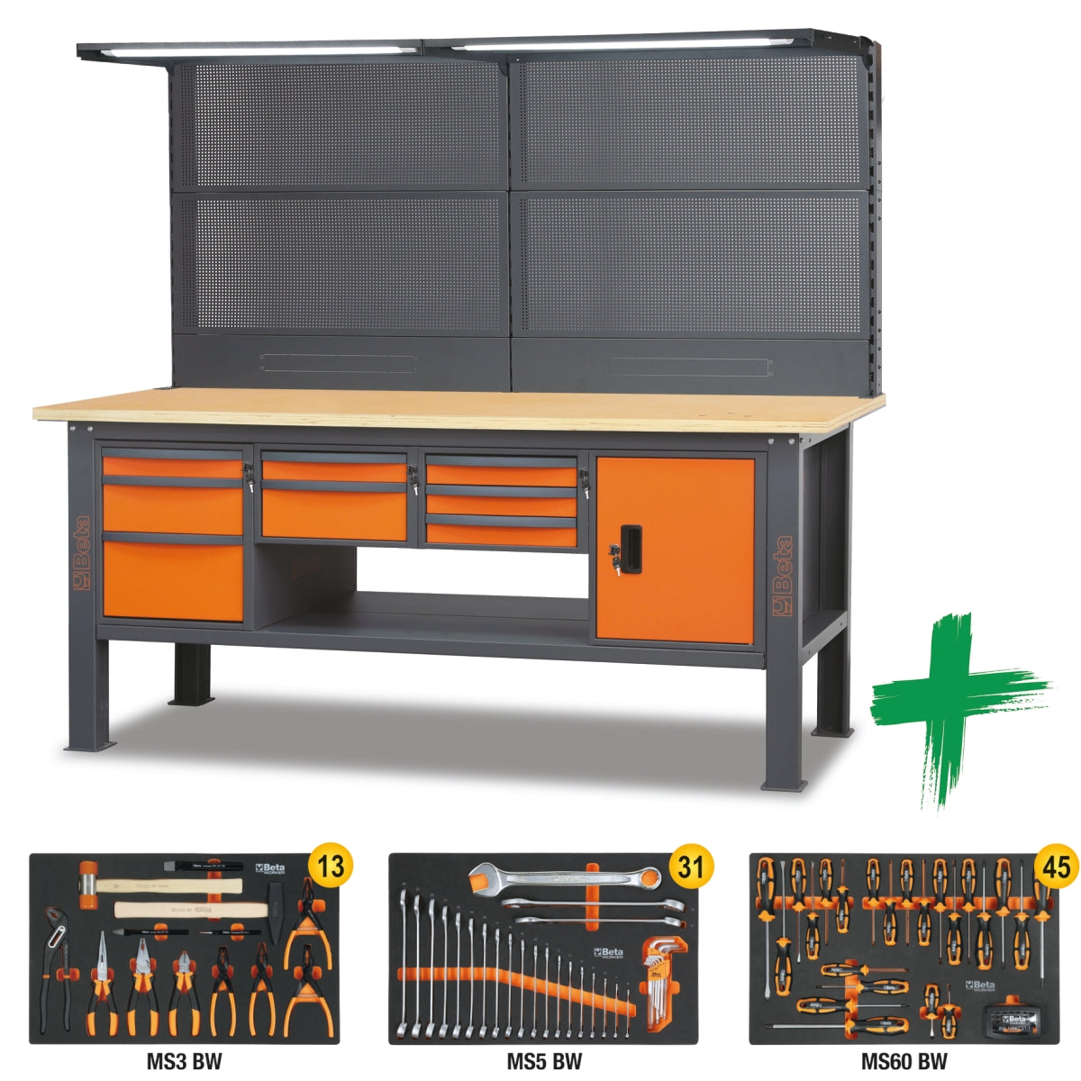 Banco da lavoro completo da 2,1 m con piano in legno e assortimento di 89 utensili Beta C58W2,1/89UT