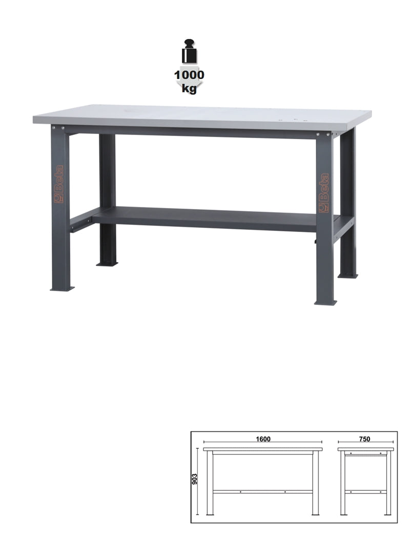 Banco da lavoro semplice con piano MDF rivestito in acciaio inox, lunghezza 1,6 m Beta C58BC-X1,6