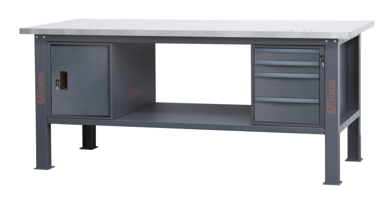 Banco da lavoro 2,1m piano MDF rivestito in acciaio inox, 4 cassetti e anta Beta C58BC-X2,1 4CA