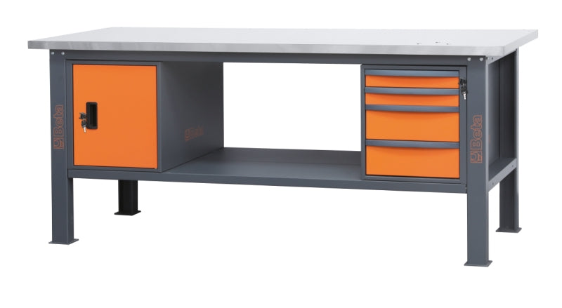 Banco da lavoro 2,1m piano MDF rivestito in acciaio inox, 4 cassetti e anta Beta C58BC-X2,1 4CA