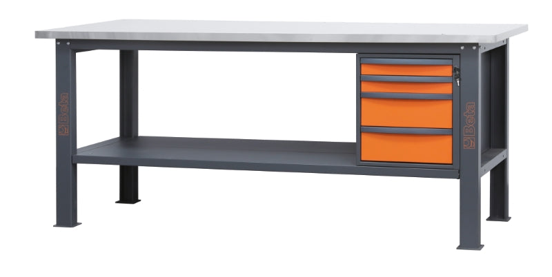 Banco da lavoro 2,1m con piano MDF rivestito in acciaio inox e 4 cassetti Beta C58BC-X2,1 4C