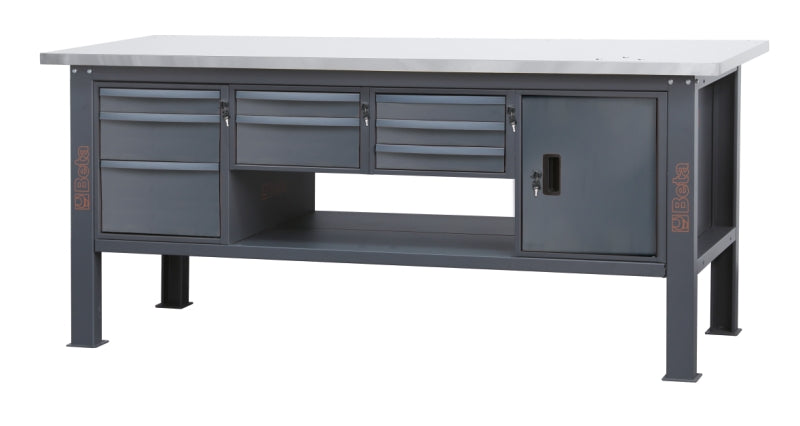 Banco da lavoro 2,1m con piano MDF rivestito in acciaio inox, 8 cassetti e anta Beta C58BC-X2,1 8CA
