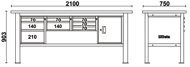 Banco da lavoro 2,1m con piano MDF rivestito in acciaio inox, 8 cassetti e anta Beta C58BC-X2,1 8CA