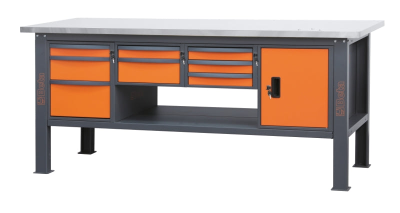 Banco da lavoro 2,1m con piano MDF rivestito in acciaio inox, 8 cassetti e anta Beta C58BC-X2,1 8CA