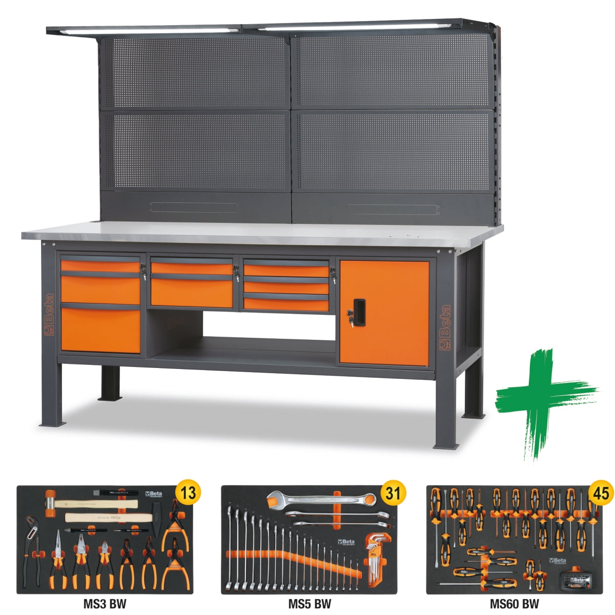 Banco da lavoro da 2,1 m con piano in acciaio inox e assortimento di 89 utensili Beta C58X2,1/89UT