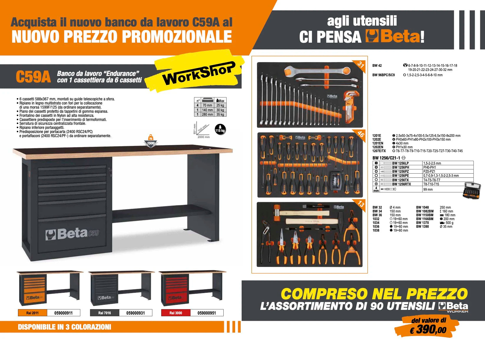 Promozione Banco da lavoro "Endurance" con 1 cassettiera da 6 cassetti Beta C59A + 90 utensili