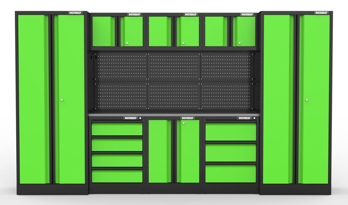 Arredo GARAGE Workshopitaly ACID GREEN and Black Anodized 3,3mt. Piano Inox