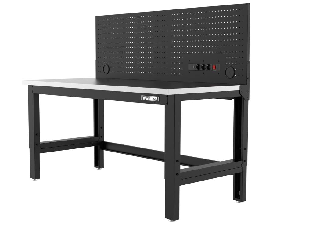 Banco da lavoro piano inox Workshopitaly 1550 x 725 mm altezza regolabile 759/1064mm con pannello forato