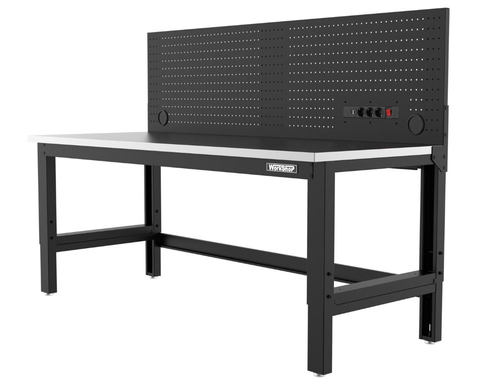 Banco da lavoro piano inox Workshopitaly 1830 x 725 mm altezza regolabile 759/1064mm con pannello forato