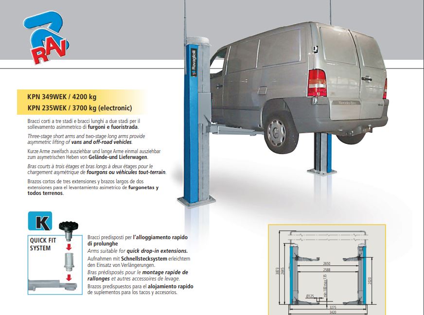 Sollevatore 2 colonne senza pedane Ravaglioli KPN 349WEK / 4200 kg