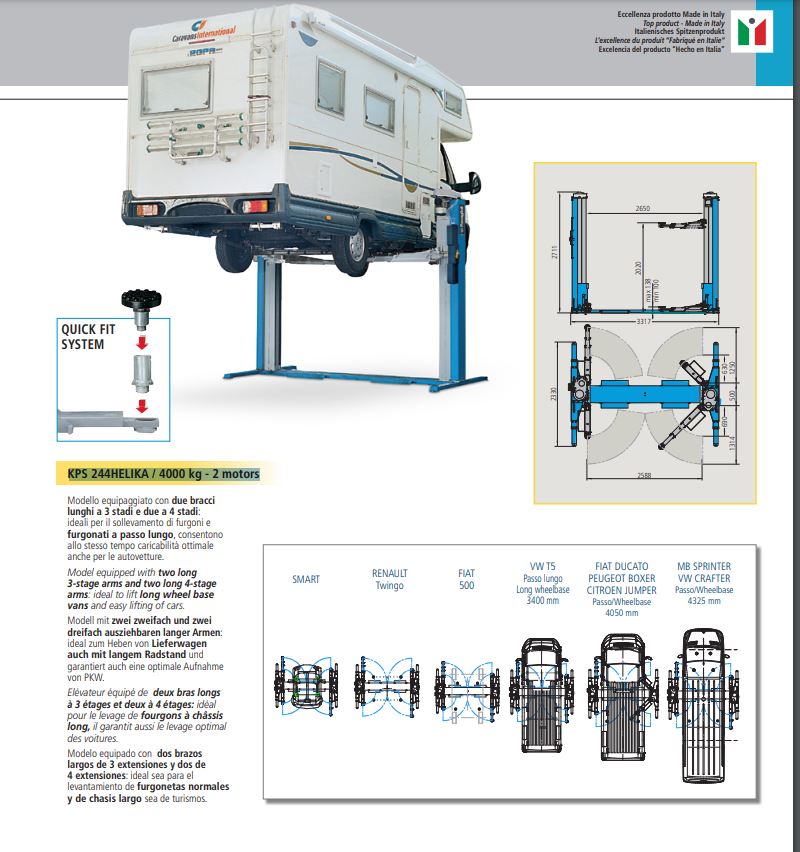 Ponte SOLLEVATORE A DUE COLONNE CON TRASMISSIONE A CARDANO Ravaglioli KPS 244HELIKA / 4000 kg - 2 motors