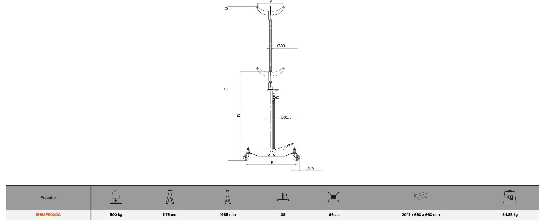 Sollevatore idraulico pistone singolo, capacità 500 kg BH5SP500QA Bahco