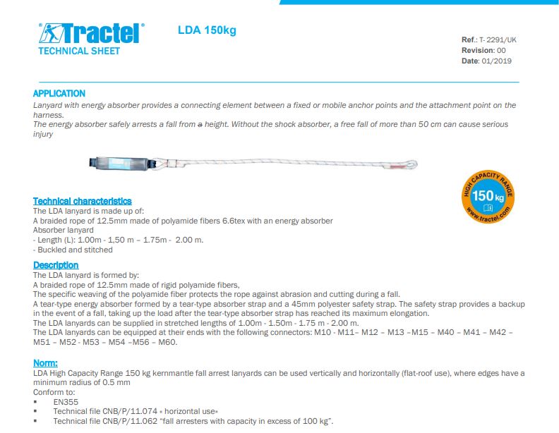 Cordino Dissipatore di energia - LDA 12 Tractel 77712 2mt.
