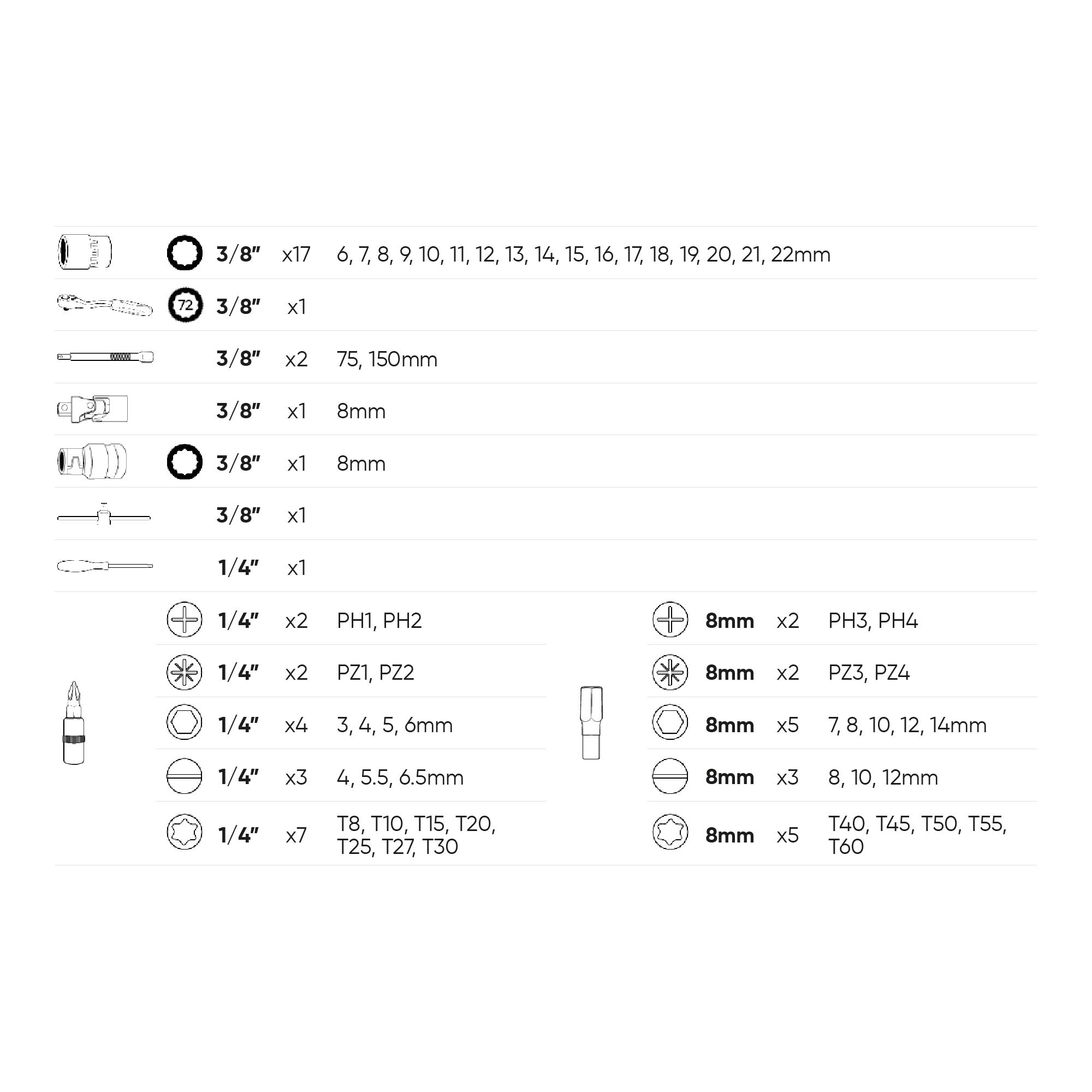 VALIGETTA DA 59 PEZZI DA 3/8" CON BUSSOLE POLIGONALI SATINATE JBM 54168