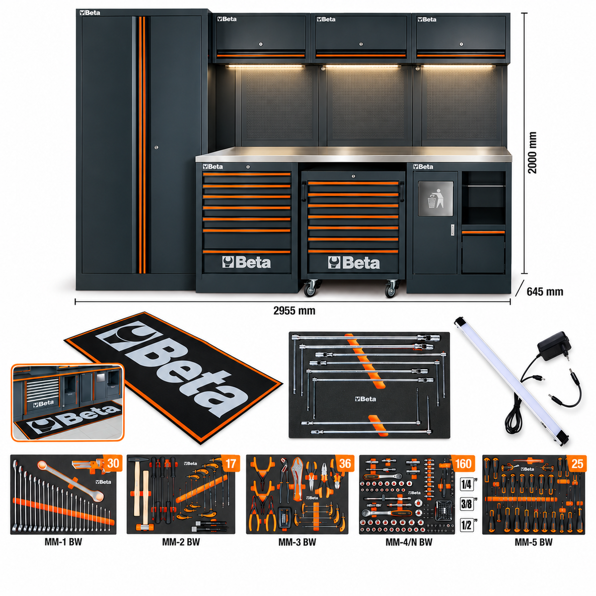 Arredo Officina Beta Utensili C45PRO 2.0 X/W 276 Utensili + Illuminazione + Tappeto Beta Tools 2mt.
