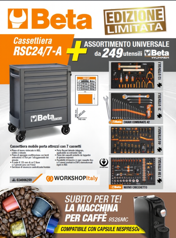 Carrello Beta RSC24 7 CASSETTI colore antracite 249 utensili +macchina caffe' Beta