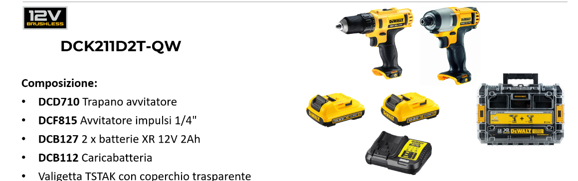 Kit TRAPANO AVVITATORE + AVVITATORE IMPULSI Dewalt DCK211D2T-QW 12V 2Ah