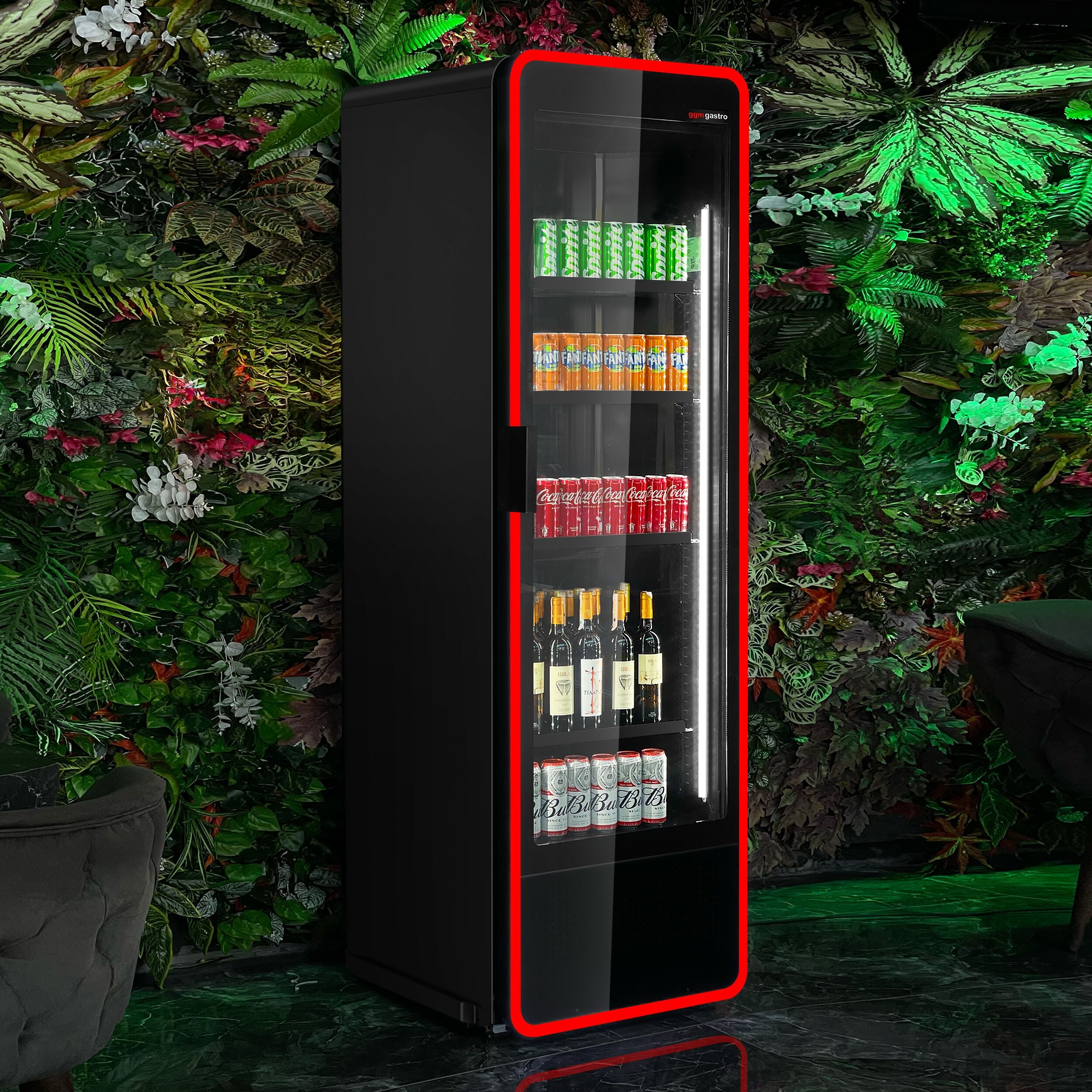 Frigorifero 550 litri 1 porta in vetro e luce LED colorata multicolor Full Black Officina