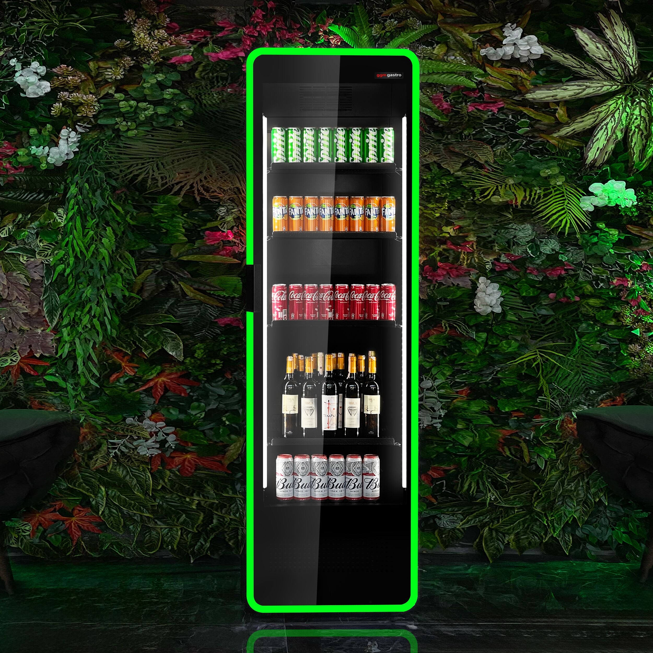 Frigorifero 550 litri 1 porta in vetro e luce LED colorata multicolor Full Black Officina
