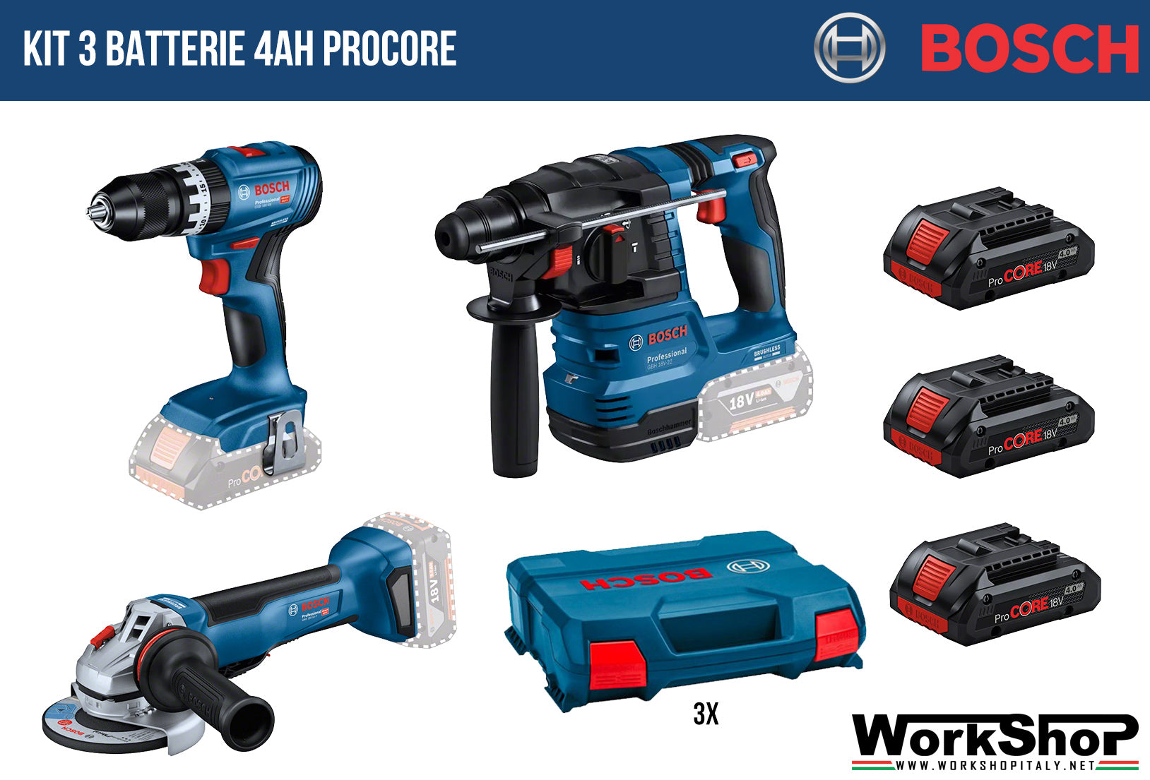 PROMO SET Trapano avvitatore GSB 18V-45 + Smerigliatrice GWS 18V-10 + Tassellatore GBH 18v-22 + 3 batterie 18v 4ah PROCORE Bosch Professional