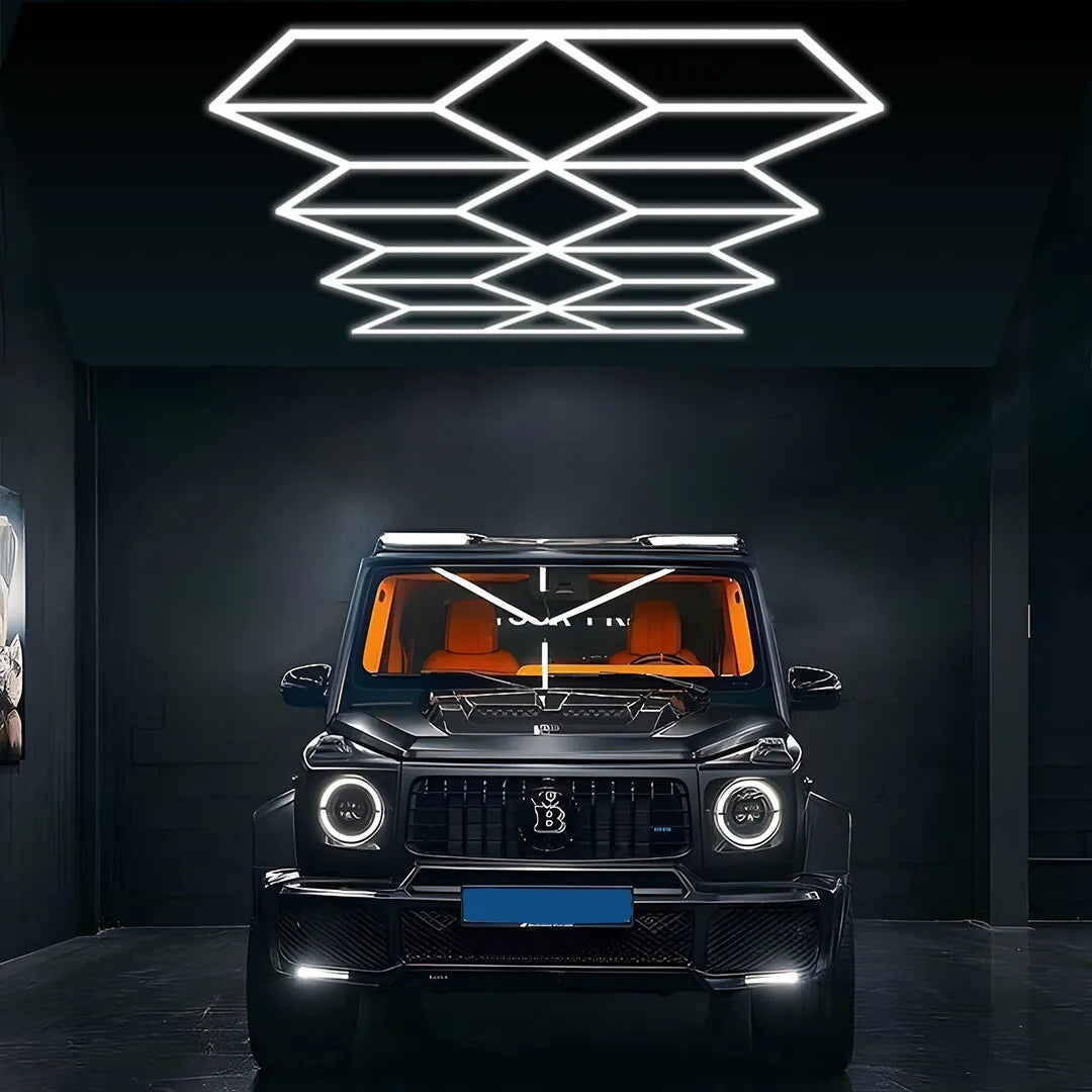 Luce per garage per auto a LED esagonale personalizzata 6500k per fabbrica di plafoniere per supermercati per barbiere, dettagli per auto, officina, palestra  39
