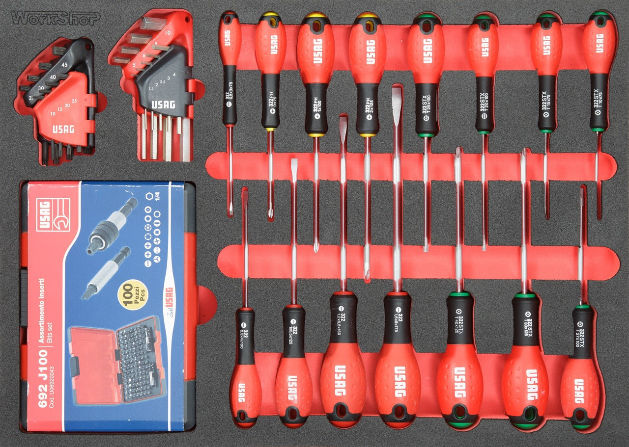 Arredo Officina Workshopitaly MPS 12 legno 2,64mt. Total Black + set 254 utensili Usag