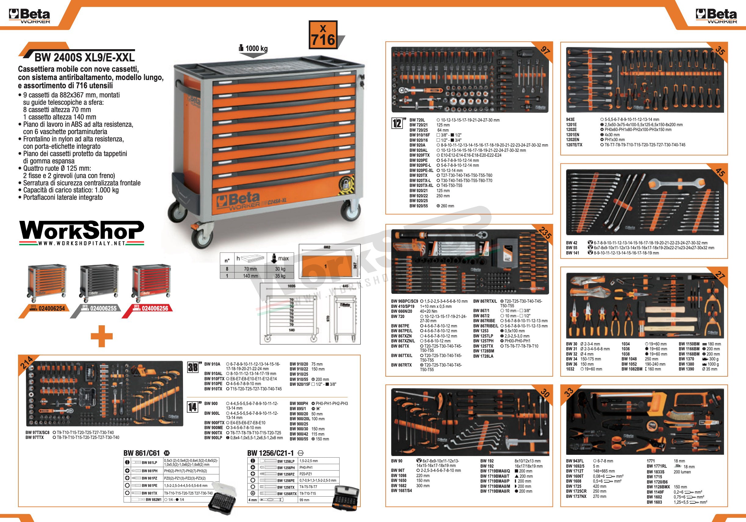 Cassettiera mobile con nove cassetti, con sistema antiribaltamento, modello lungo, e assortimento di 716 utensili Beta BW 2400S XL9/E-XXL