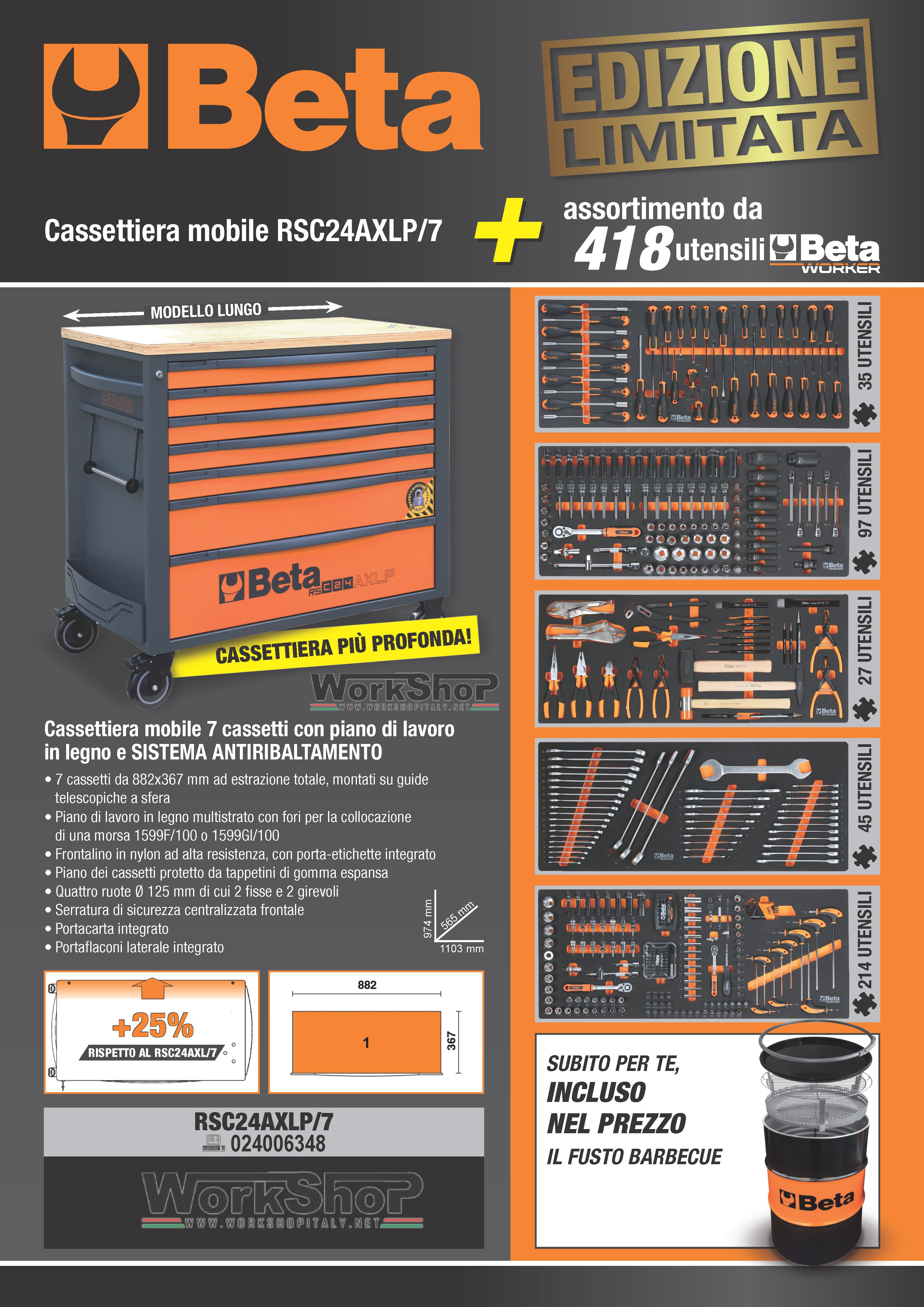 Carrello Beta Cassettiera mobile RSC24AXLP/7 completo di 418 utensili + Barbecue Omaggio