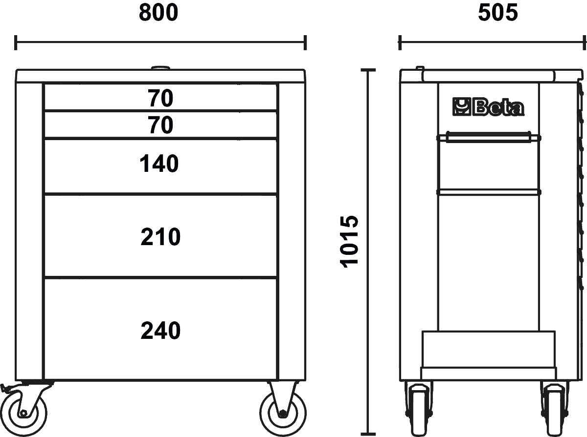 Cassettiera mobile porta attrezzi con 5 cassetti Beta RSC39/5 - Disegno con misure