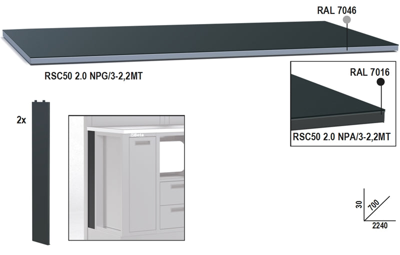Piano di lavoro in lamiera da 2,2m per banco arredo officina RSC50 2.0 Beta RSC50 2.0 NP/3-2,2MT