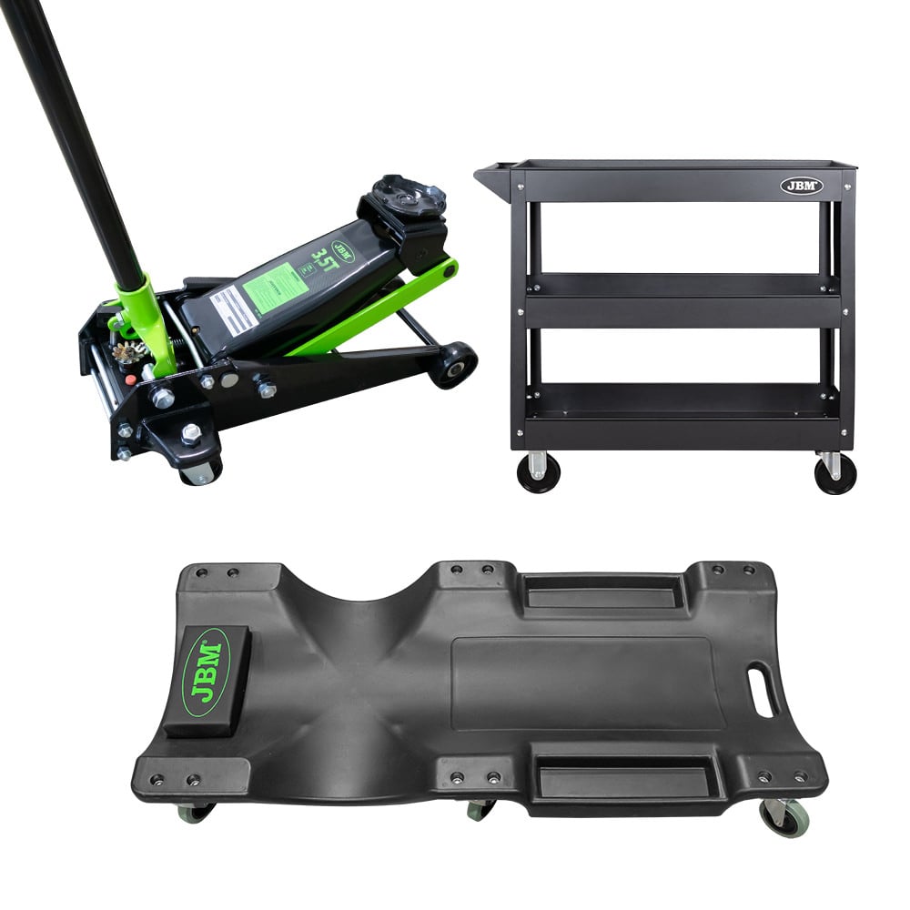 MARTINETTO IDRAULICO 3,5T 50818+ CARRELLO DI PLASTICA 52148+ CARRELLO CON 3 RIPIANI 51576 JBM