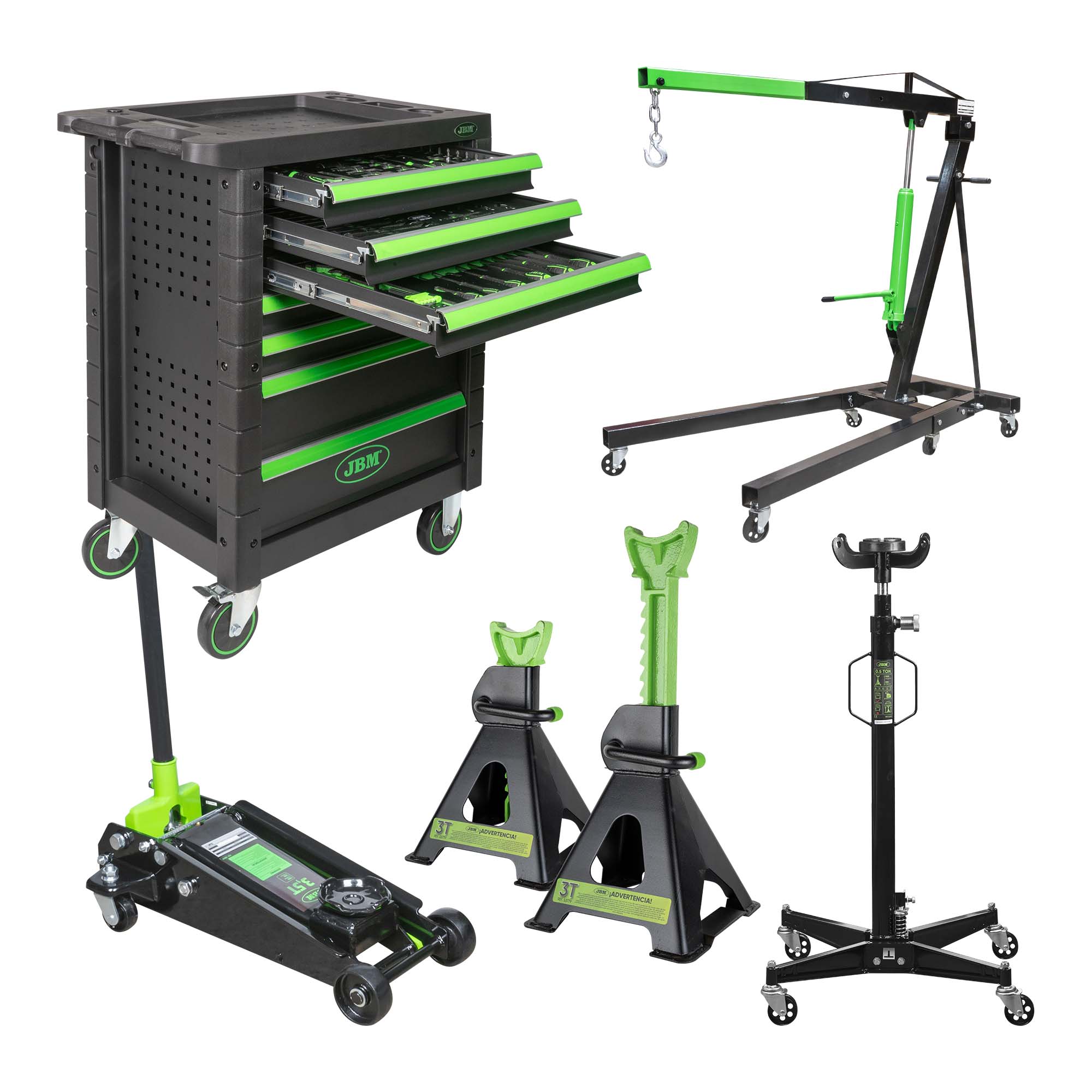 Set officina JBM 53904 CARRELLO+50831 PARANCO 2T+50818 MARTINETTO+53779 CAVALLETTI+54001 MARTINETTO TELESCOPICO