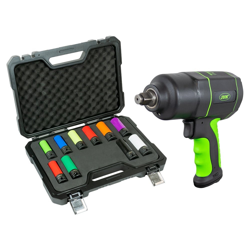 53988 KIT 10 BUSSOLE PNEUMATICHE 1/2" + 53608 AVVITATORE PNEUMATICO DA 1/2" 1200NM JBM