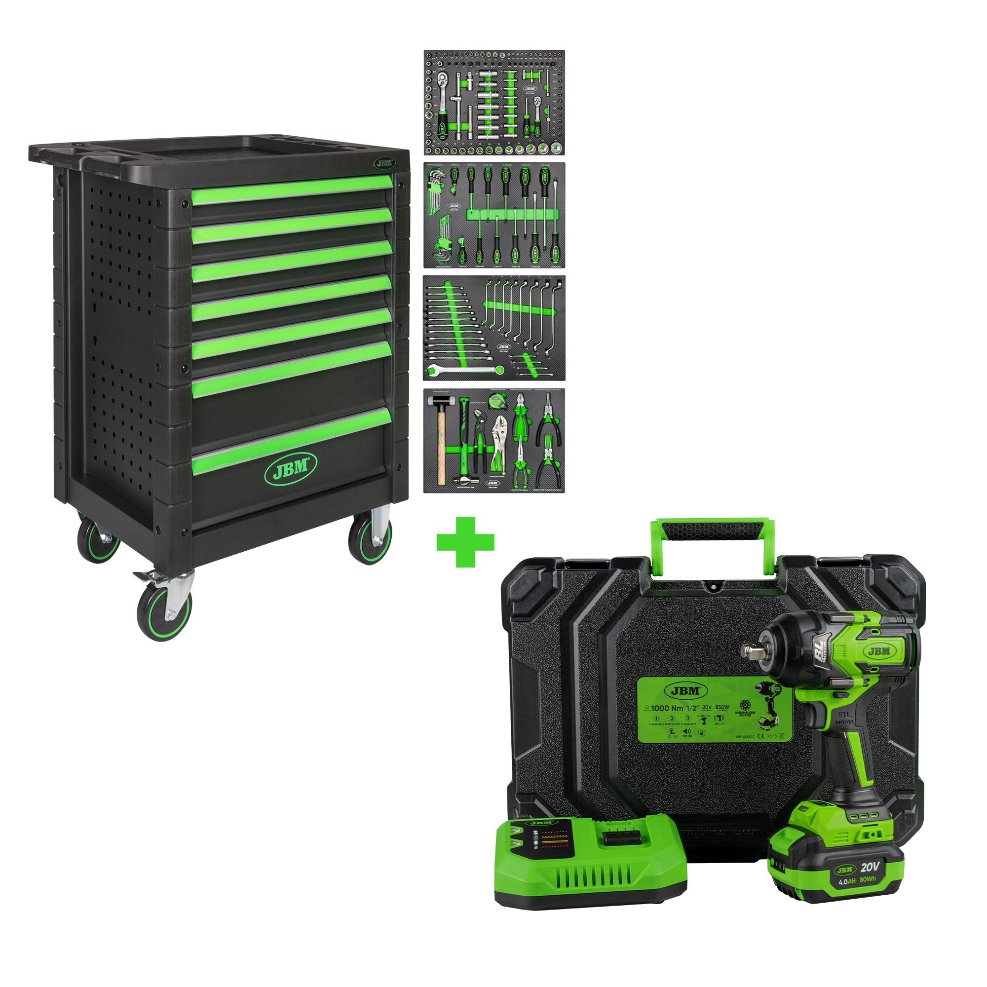CARRELLO PORTAUTENSILI 53904 A 7 CASSETTI COMPLETO DI UTENSILI + PISTOLA A IMPATTO 60051 1/2" 1000NM JBM