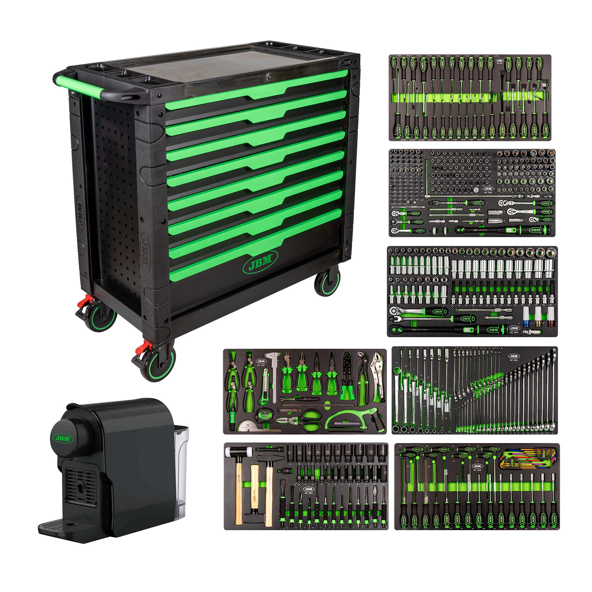 CARRELLO ATTREZZI XL A 8 CASSETTI ASSEMBLATO CON 468 PEZZI JBM 54688 + macchina caffe' SERIE54688P