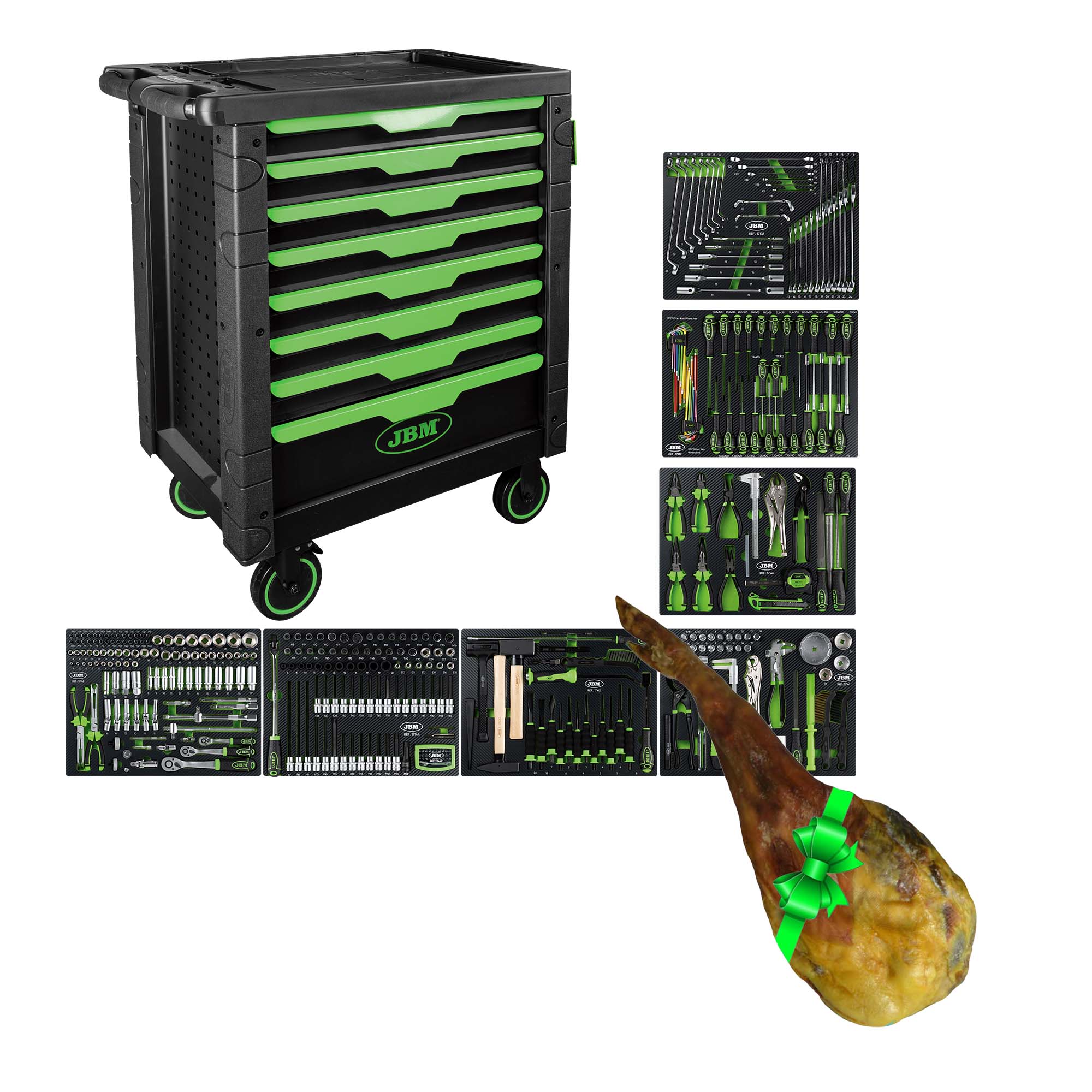 CARRELLO PORTAUTENSILI A 8 CASSETTI ASSEMBLATO CON 289 PEZZI JBM 54718 + 6kg prosciutto iberico