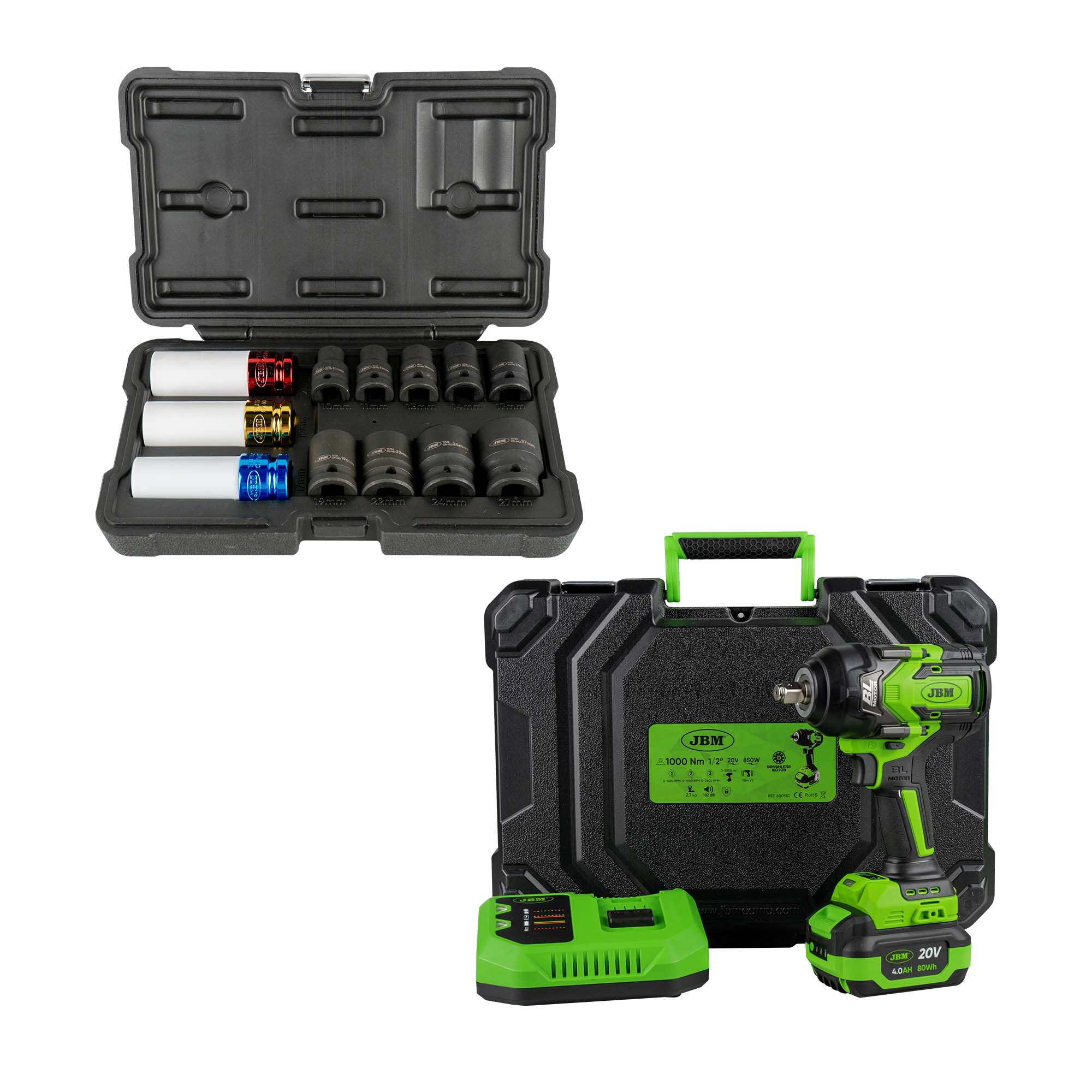 PISTOLA A IMPATTO BRUSHLESS A BATTERIA DA 1/2" 1000NM CON VALIGETTA 60051C + SET DA 12 BUSSOLE 52343 JBM SERIE 551
