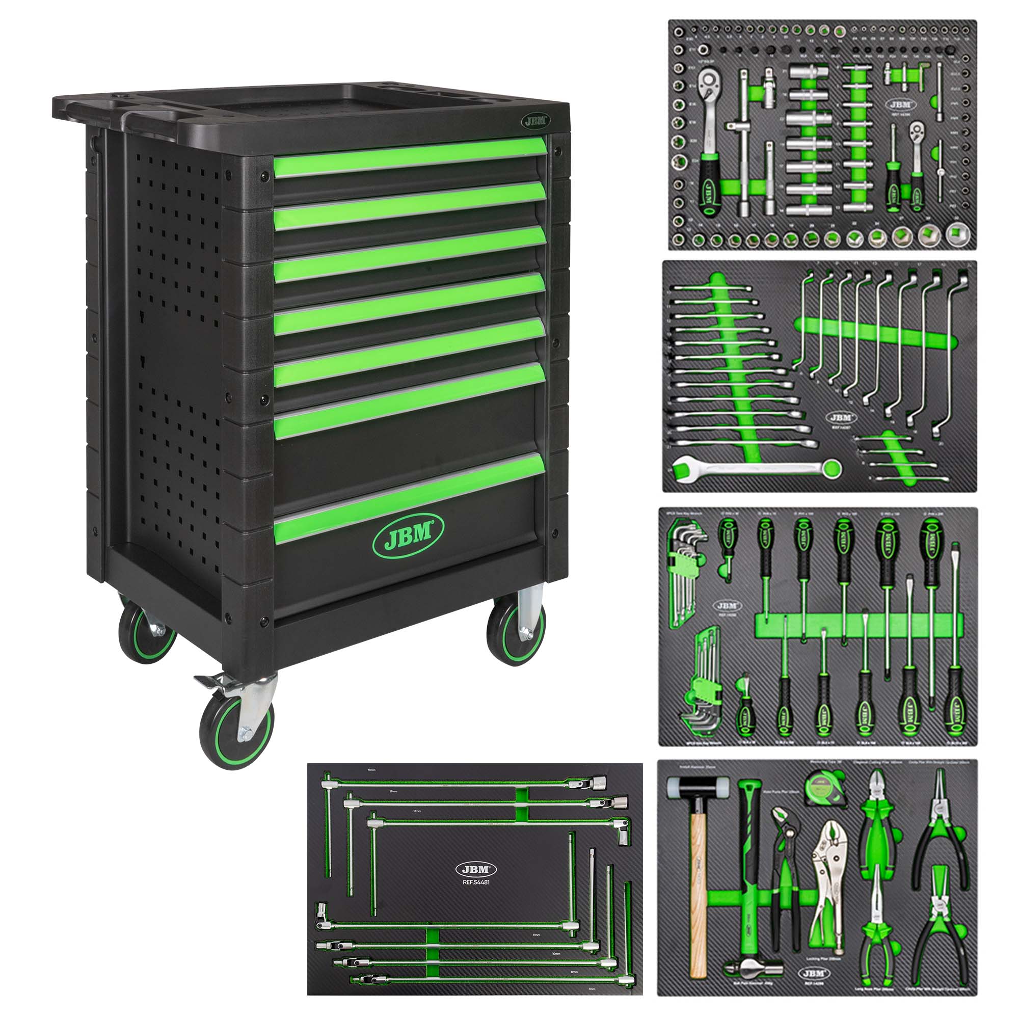 53904 CARRELLO A 7 CASSETTI VERDE + 54481 MODULO DI 7 CHIAVI A BUSSOLA CON IMPUGNATURA A T JBM