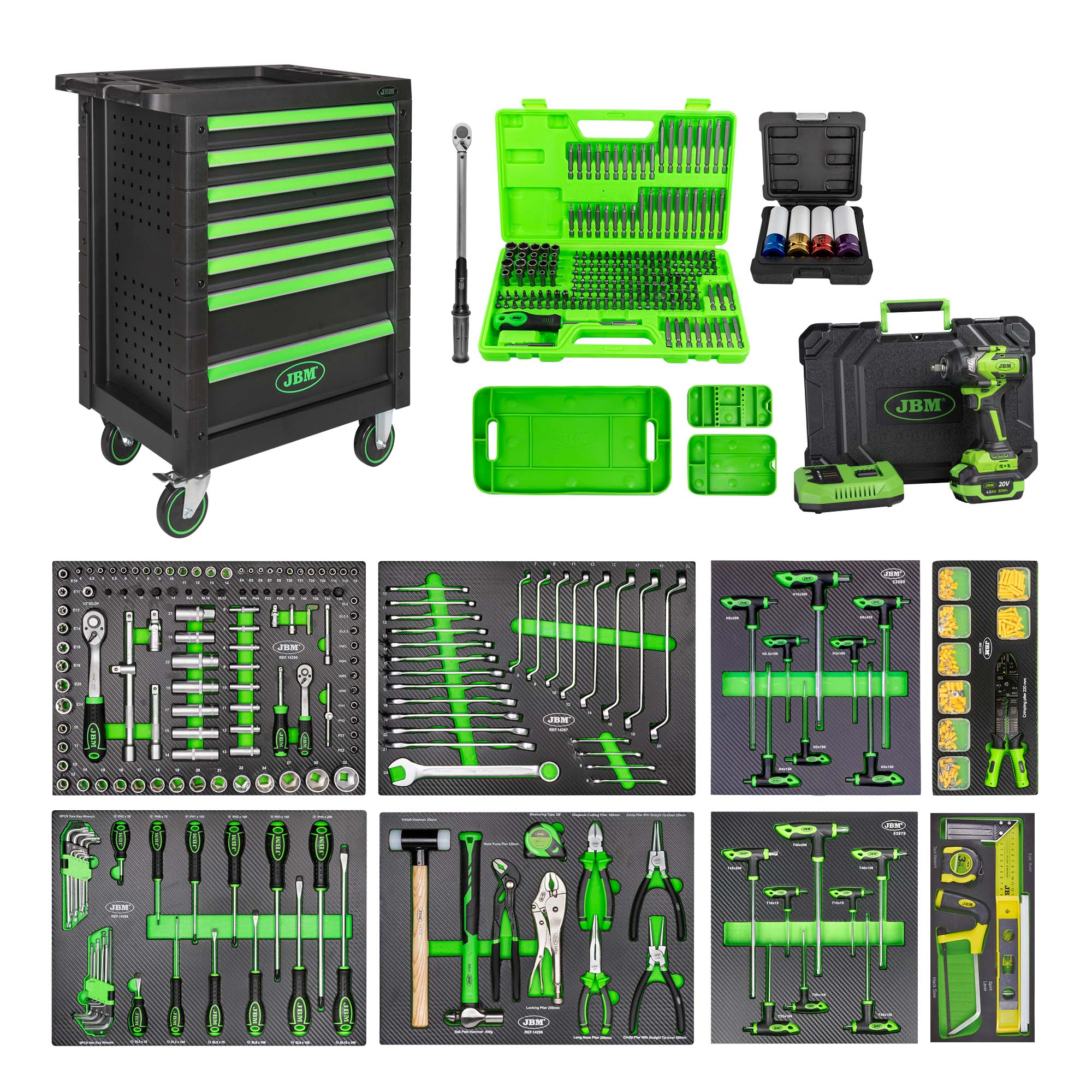CARRELLO + MODULI CON UTENSILI + CHIAVE DINAMOMETRICA + AVVITATORE A IMPULSI A BATTERIA JBM SERIE563