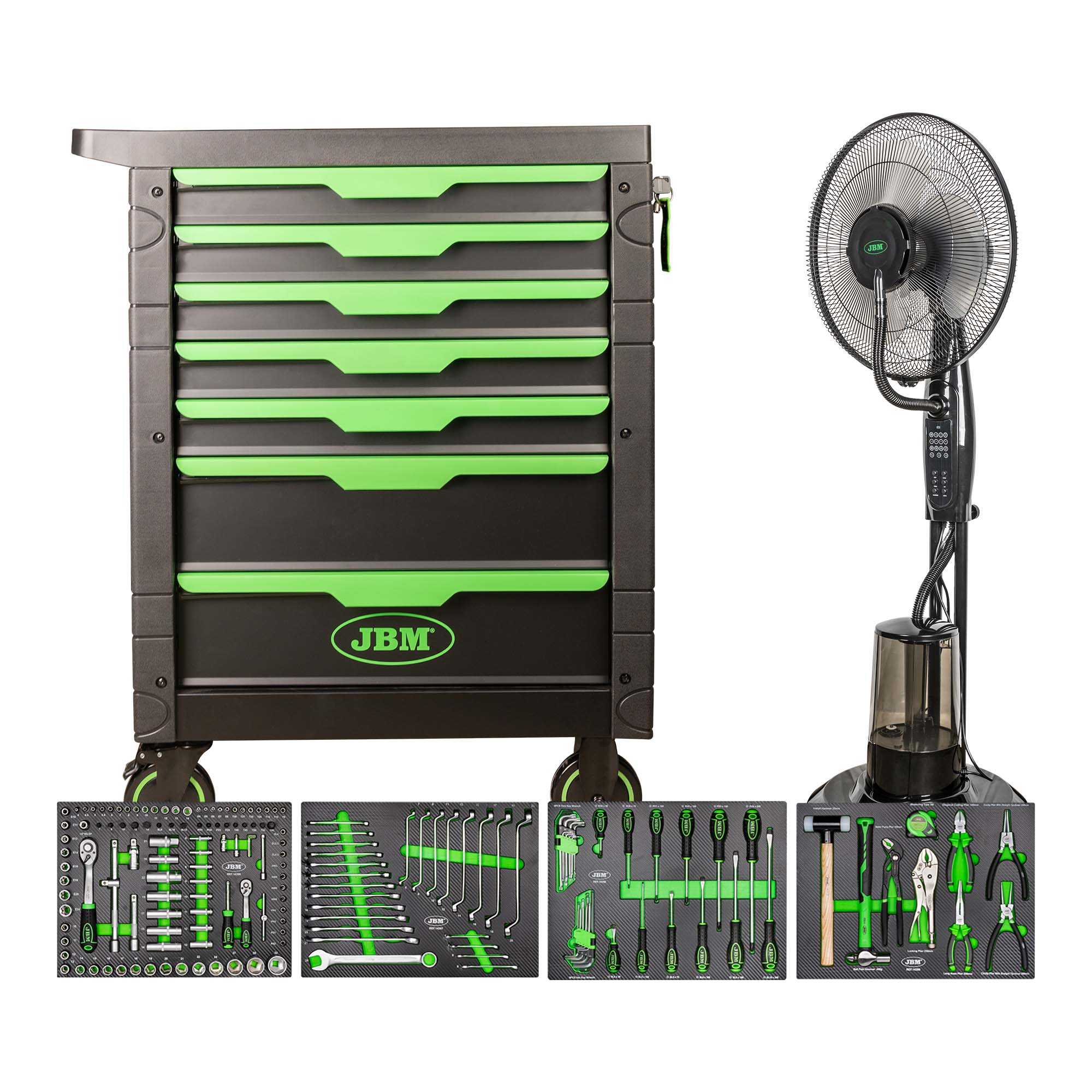 CARRELLO A 7 CASSETTI - VERDE JBM 54389 ATTREZZATO CON 172 UTENSILI + VENTILATORE NEBULIZZATORE SERIE574