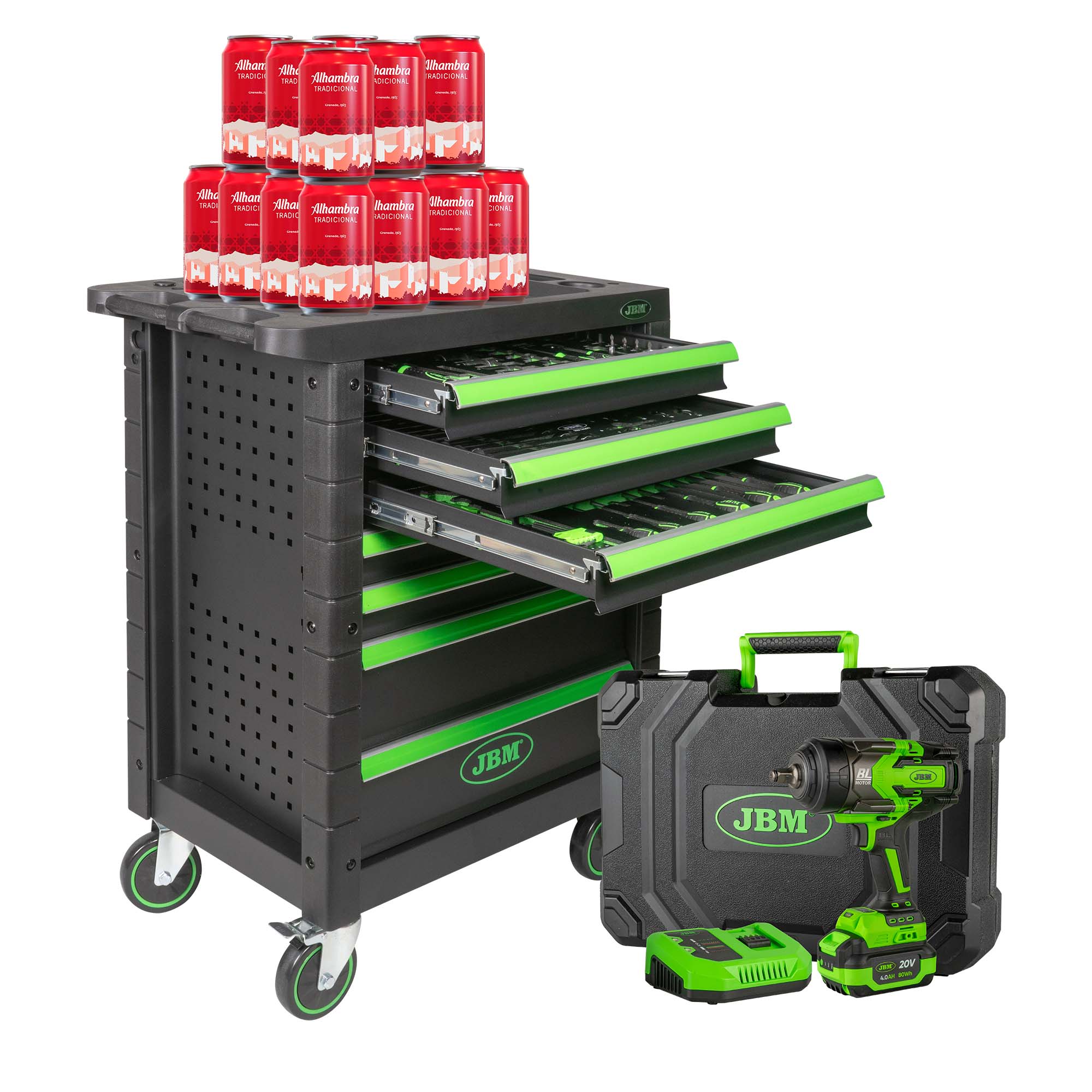 CARRELLO PORTAUTENSILI 53904 A 7 CASSETTI COMPLETO DI UTENSILI + 24 BIRRE + PISTOLA A IMPATTO 60044C 1/2" 1300NM JBM