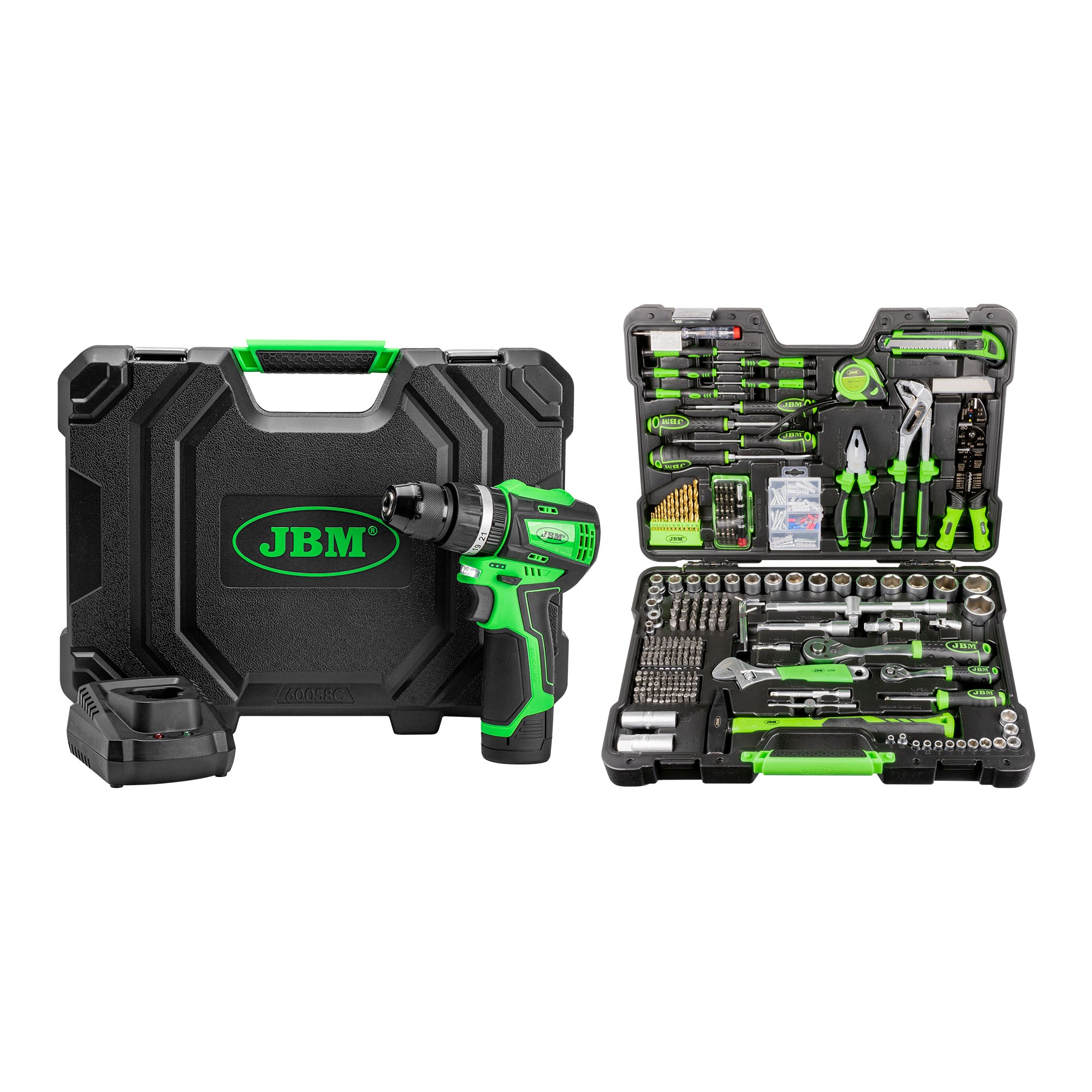 TRAPANO A PERCUSSIONE 12V BRUSHLESS CON CUSTODIA 60058C + 53212 SET DI UTENSILI DA 302 PEZZI JBM SERIE585