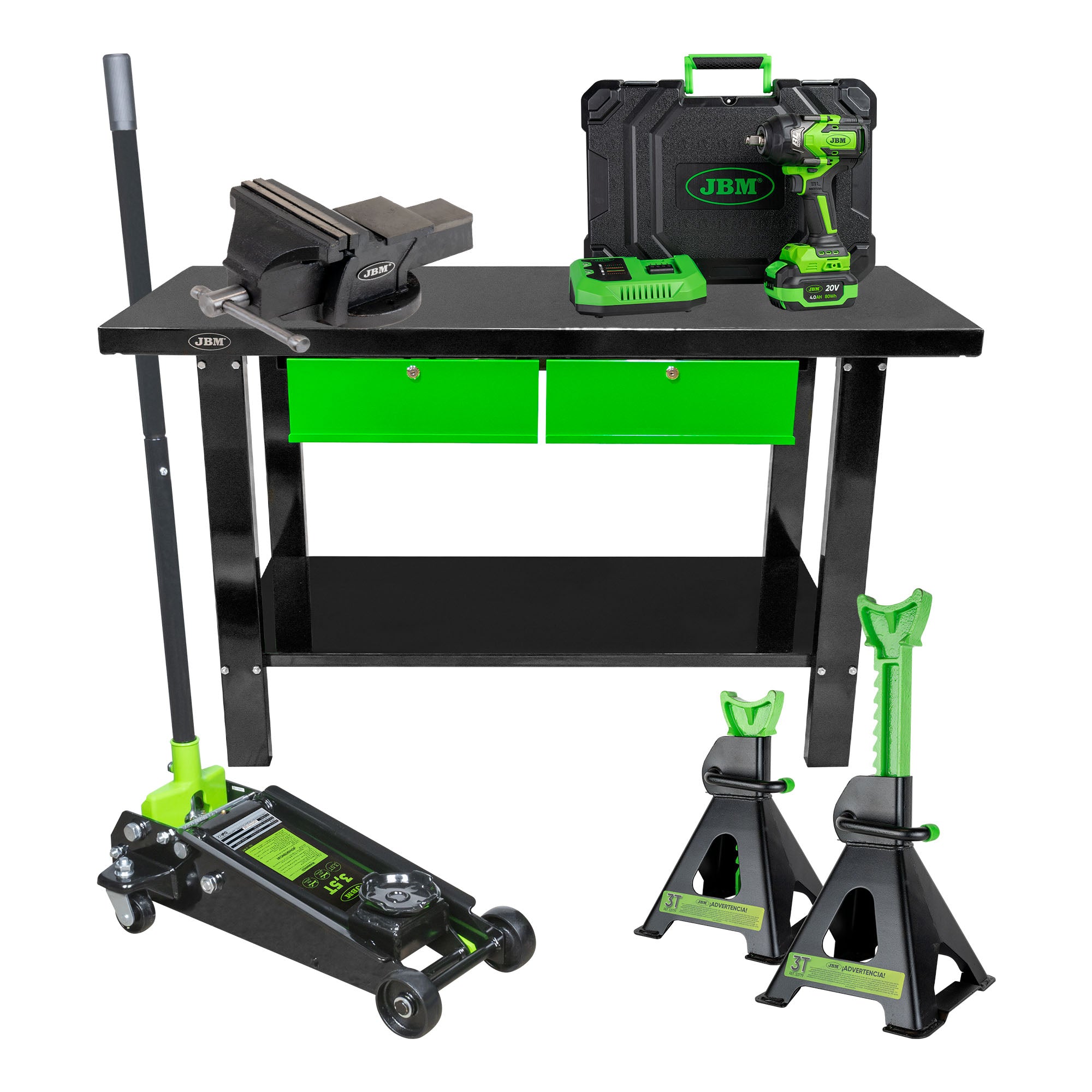 PISTOLA A PERCUSSIONE 1/2" 1000NM 60051C + 51737 TAVOLO DI LAVORO A 2 CASSETTI + 52870 + 53779 + 50818 JBM SERIE586