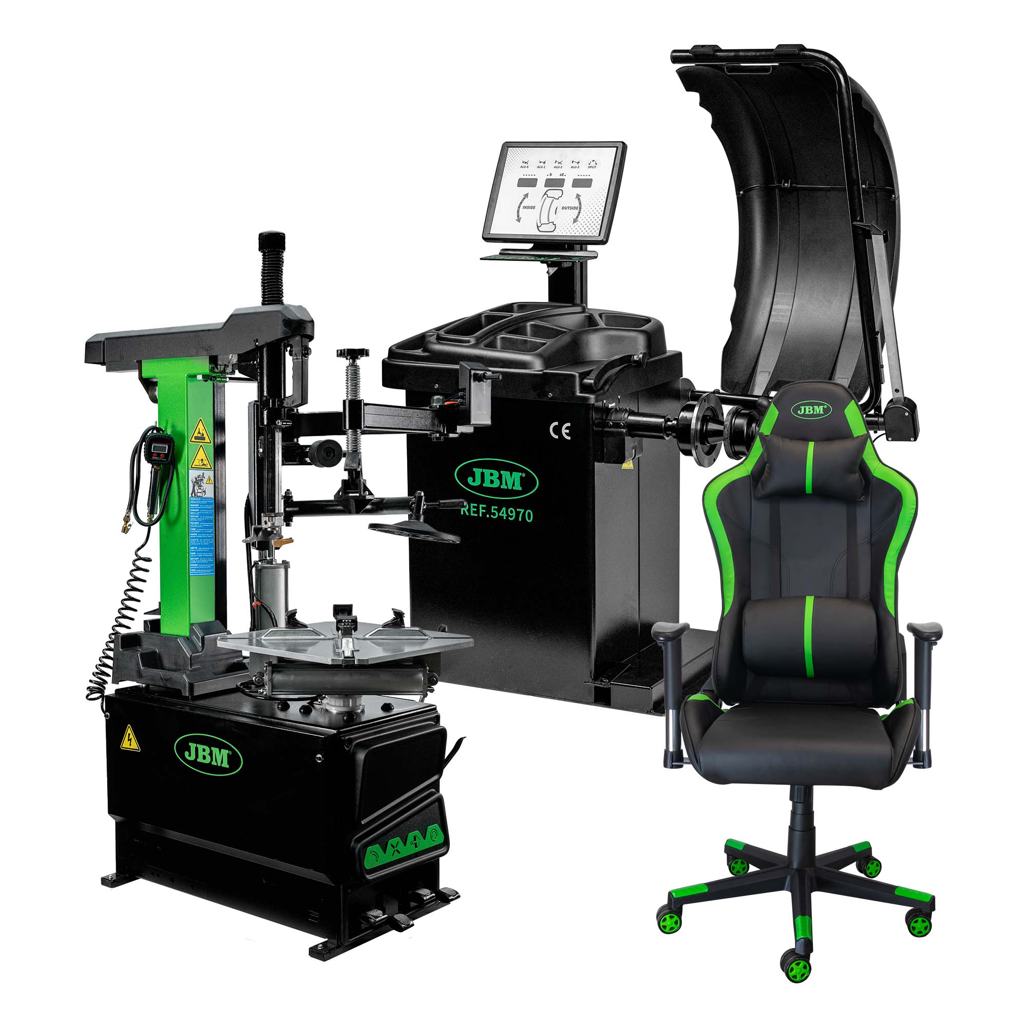 EQUILIBRATRICE DIGITALE PER RUOTE 54970 + 55022 SMONTAGOMME + 53956 SEDIA JBM