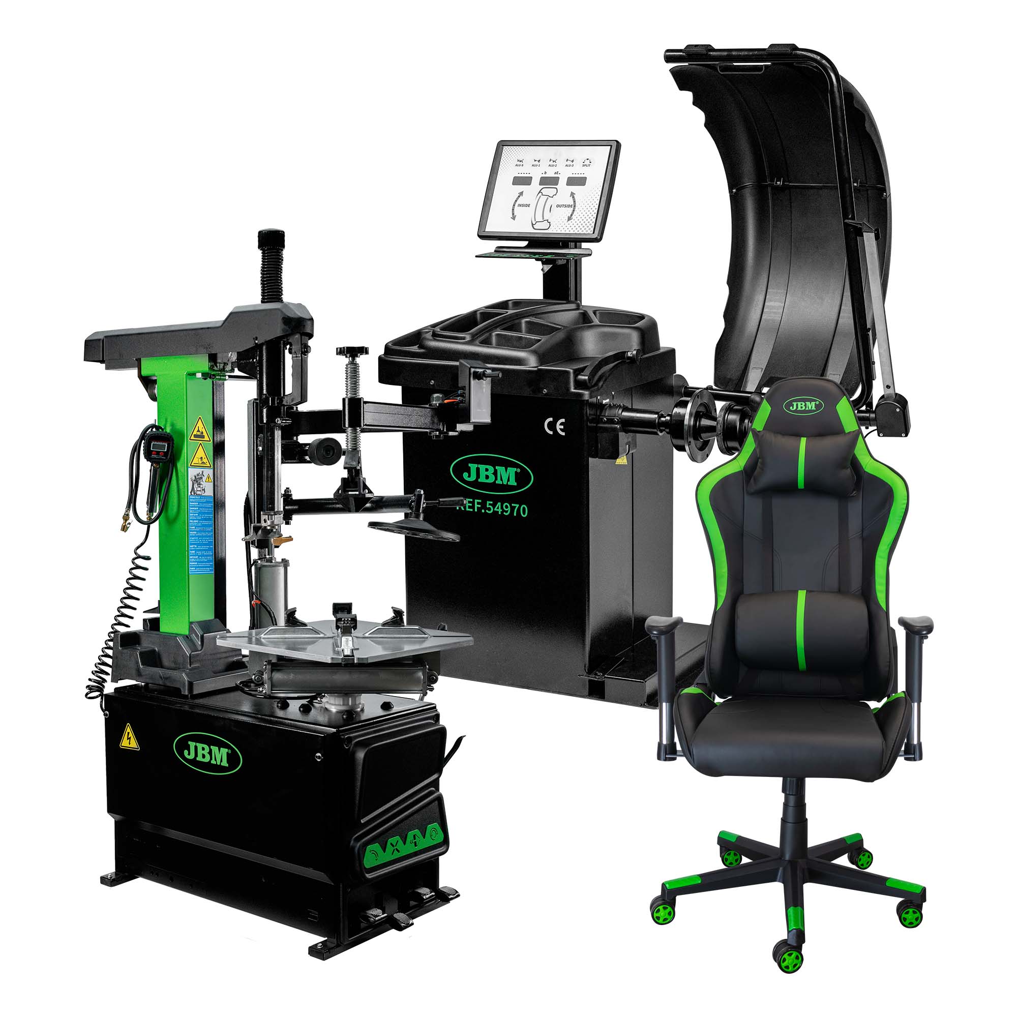 EQUILIBRATRICE DIGITALE PER RUOTE 54970 + 54964 SMONTAGOMME + 53956 SEDIA JBM