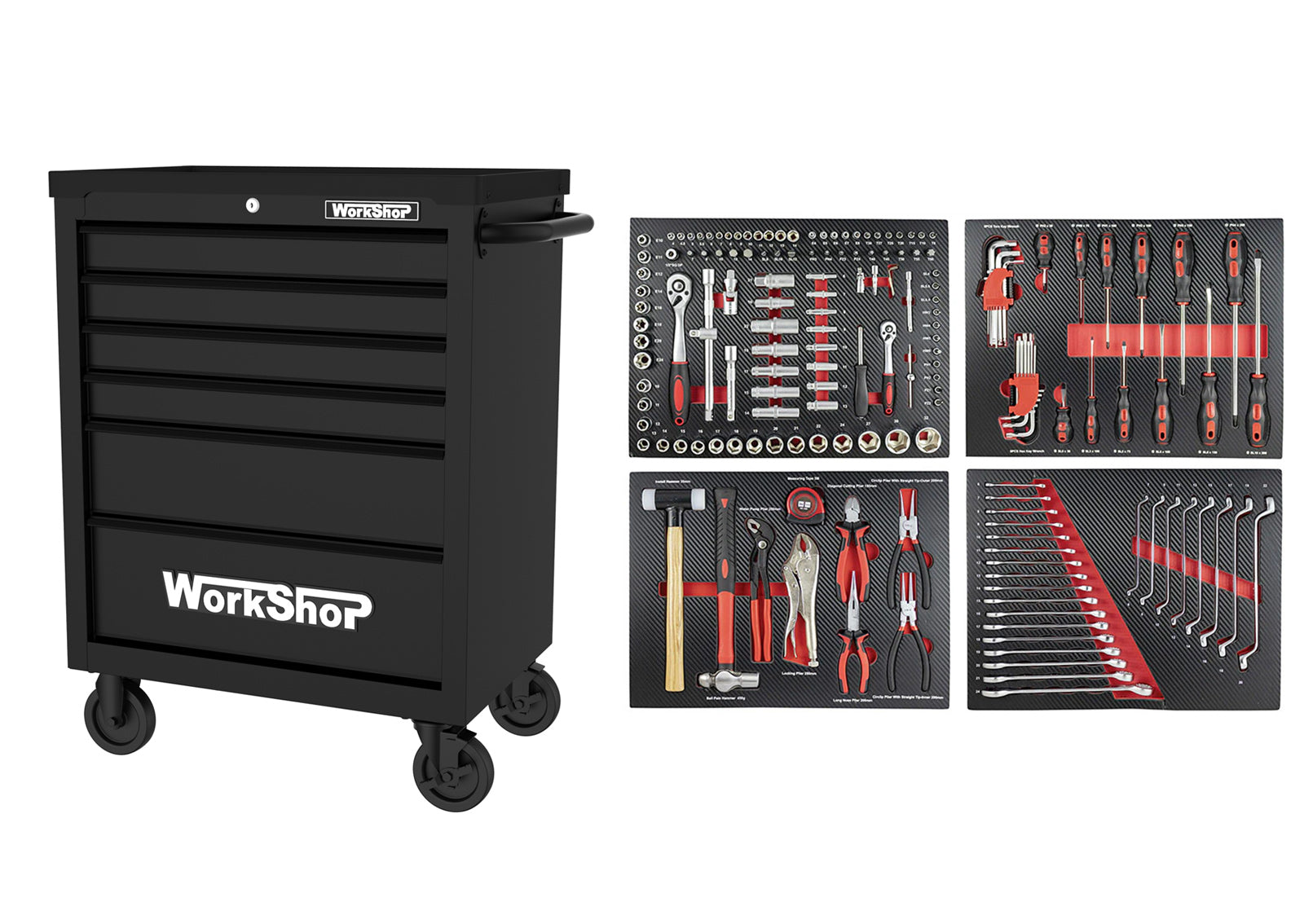 Carrello 6 cassetti Workshopitaly Total Black SPORT LINE + set 172 utensili basic line
