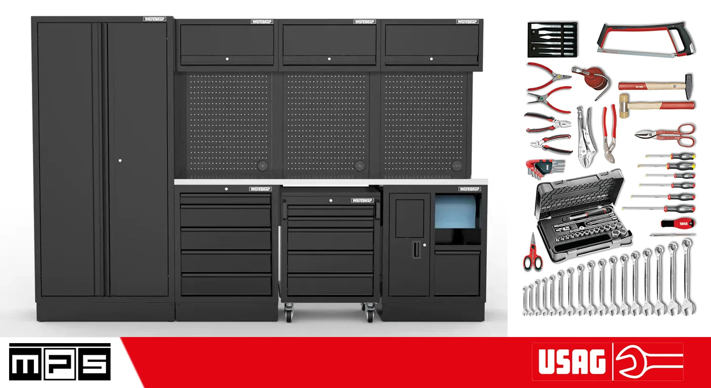 Arredo Officina Workshopitaly MPS 27 inox 3mt. Total Black + set 74 utensili Usag