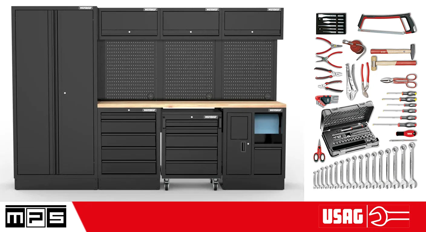 Arredo Officina Workshopitaly MPS 27 legno 3mt. Total Black + set 74 utensili Usag