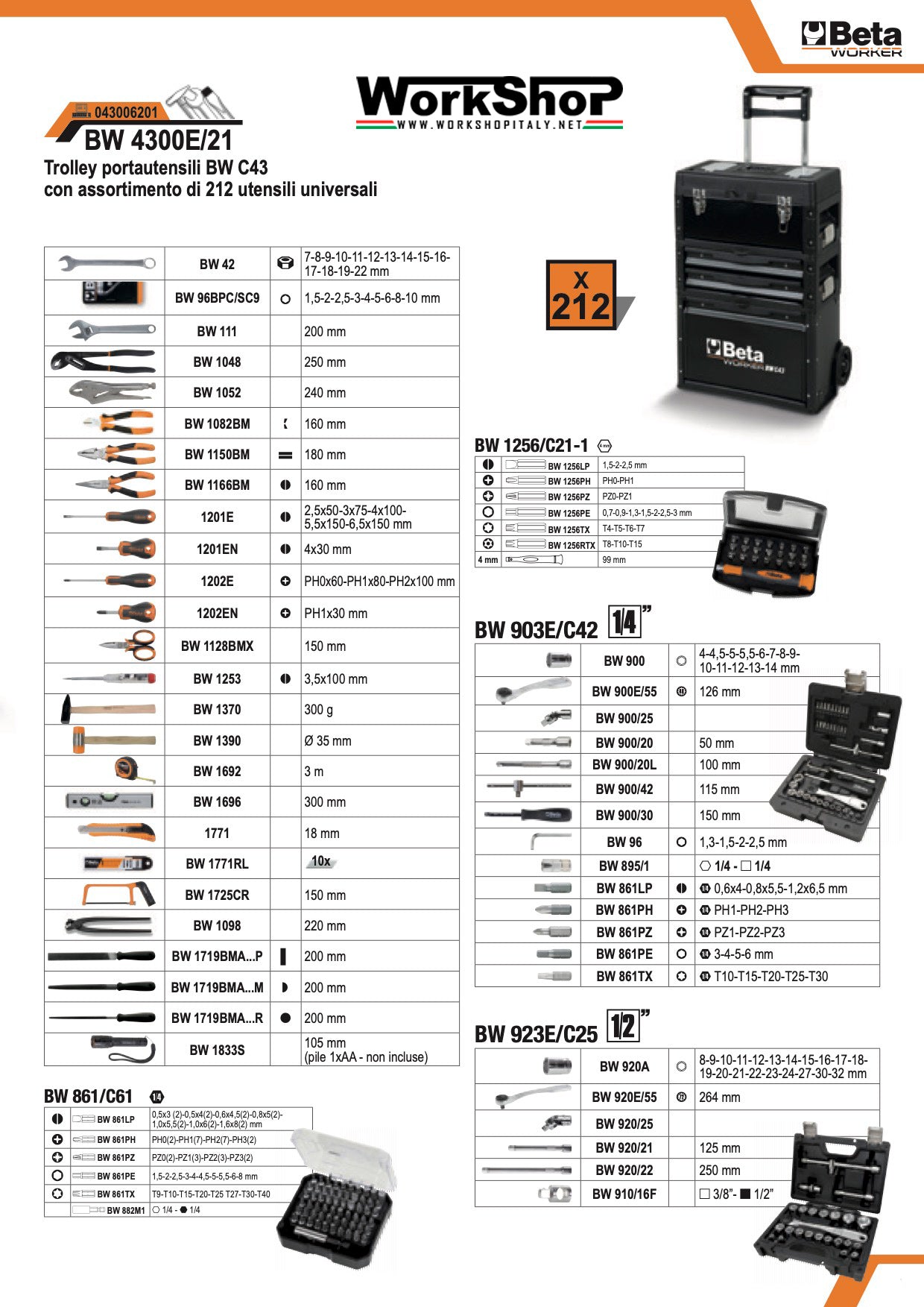 Trolley BW C43 con 212 utensili UNIVERSALI Beta BW 4300E/21