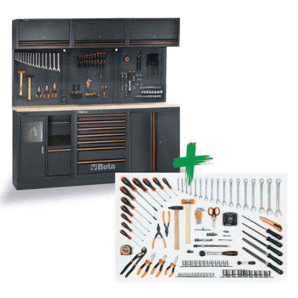 Combinazione arredo officina C45PRO 2.0 AX con assortimento di 157 utensili universali Beta Worker C45PRO 2.0 AX/157UT
